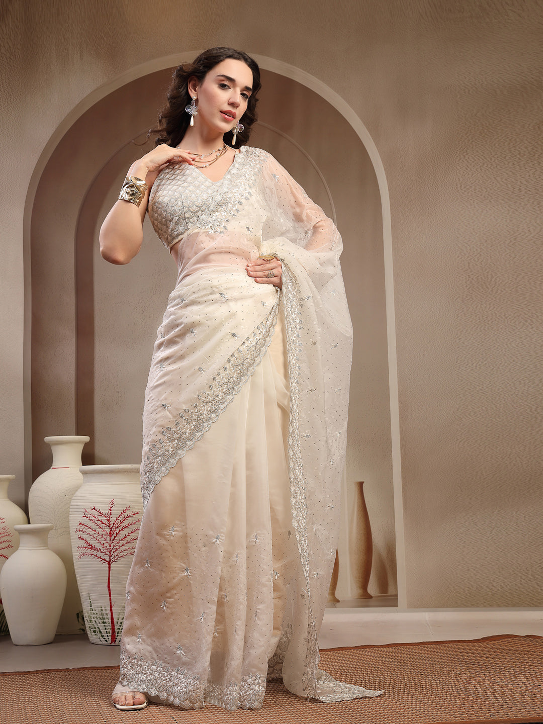 White Solid &amp; Embroidered Organza Saree With Unstitched Blouse