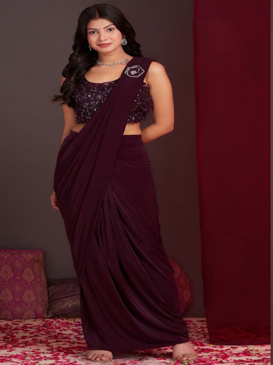 Wine Solid &amp; Embroidered Ready To Wear Satin Saree