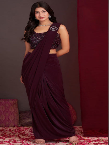 Wine Solid & Embroidered Ready To Wear Satin Saree (Pre-Order)