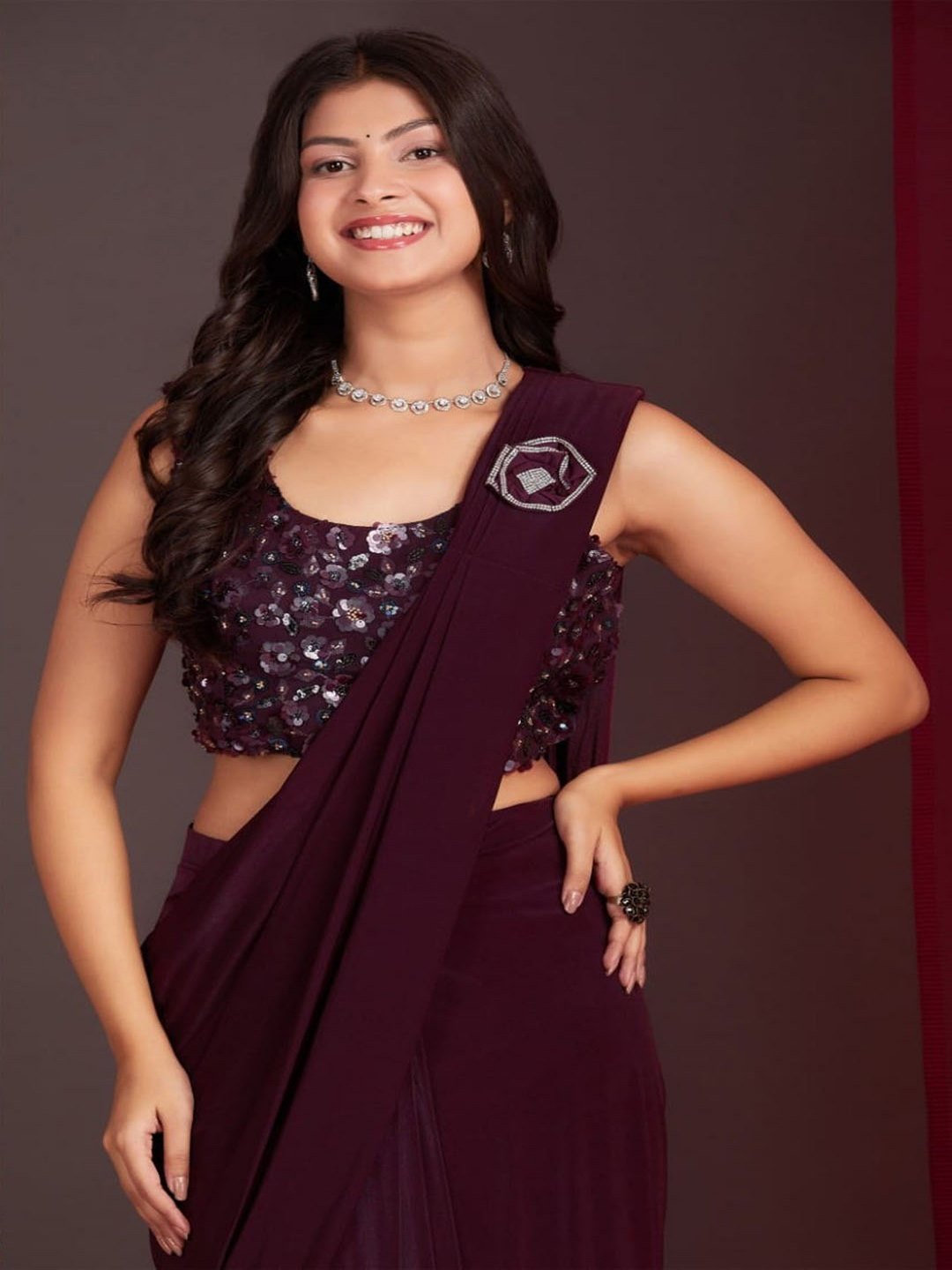 Wine Solid &amp; Embroidered Ready To Wear Satin Saree