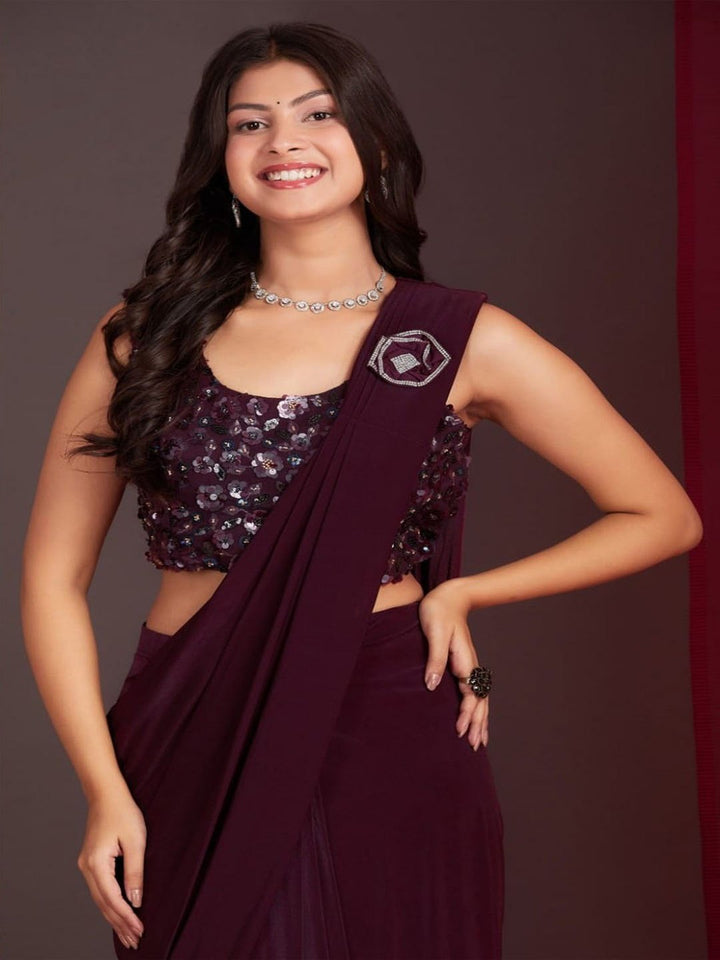 Wine Solid &amp; Embroidered Ready To Wear Satin Saree