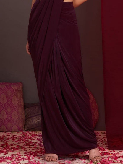 Wine Solid & Embroidered Ready To Wear Satin Saree (Pre-Order)