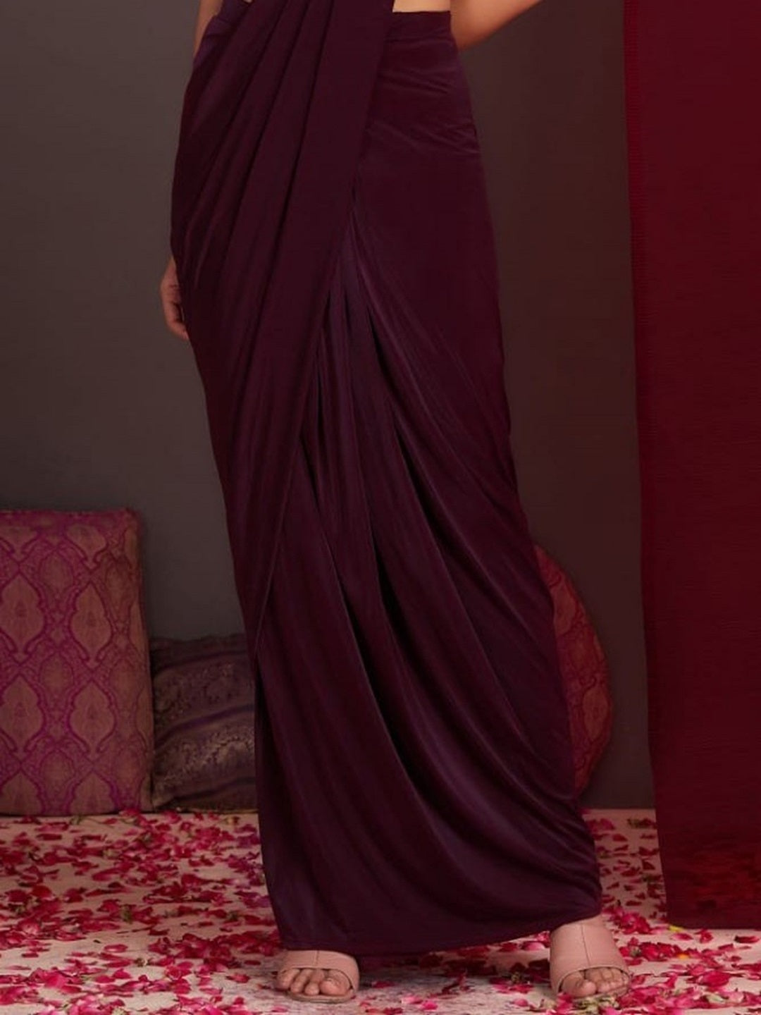 Wine Solid &amp; Embroidered Ready To Wear Satin Saree
