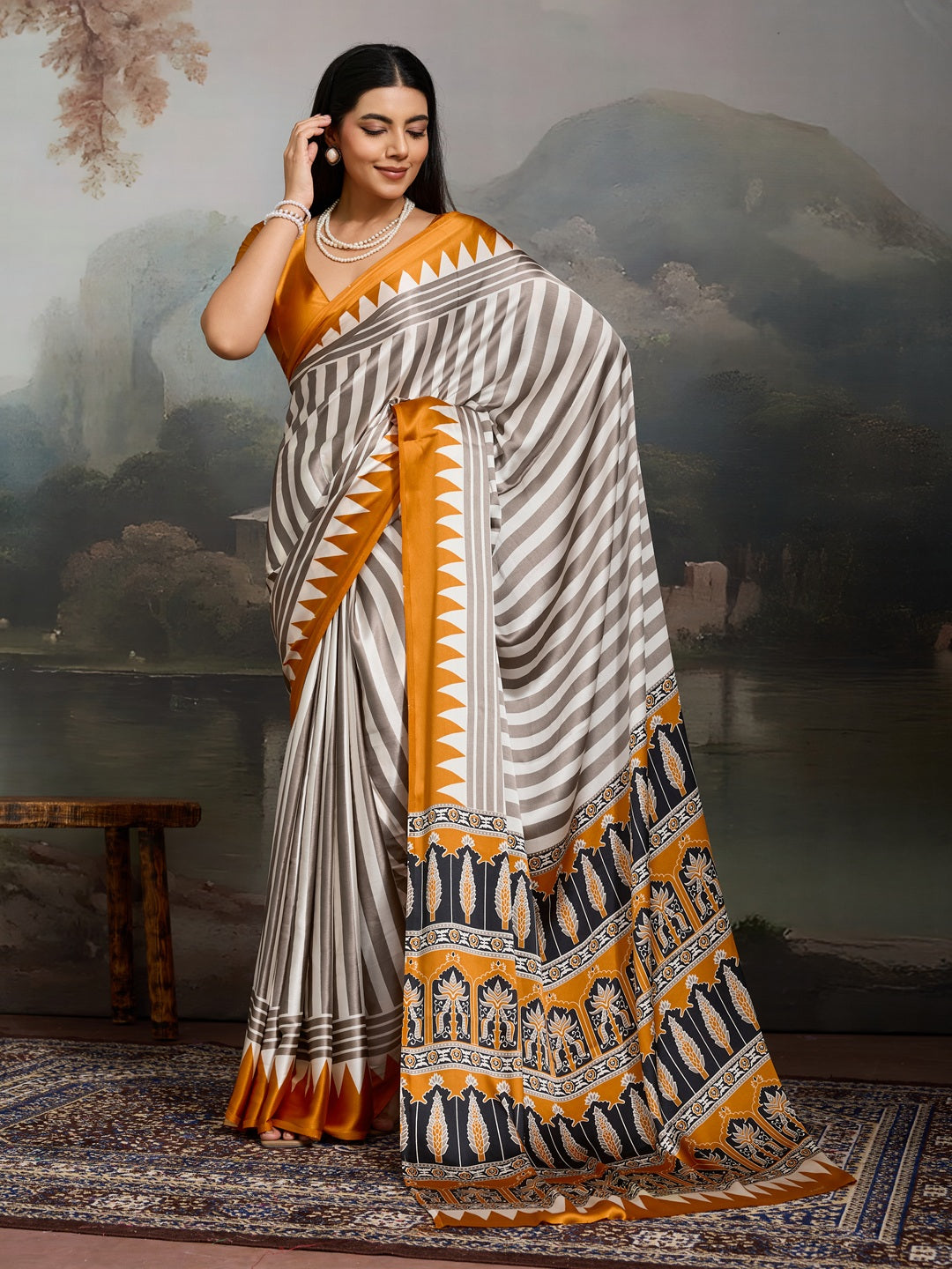 Ajrakh Printed Modal Satin Saree With Unstitched Blouse Piece