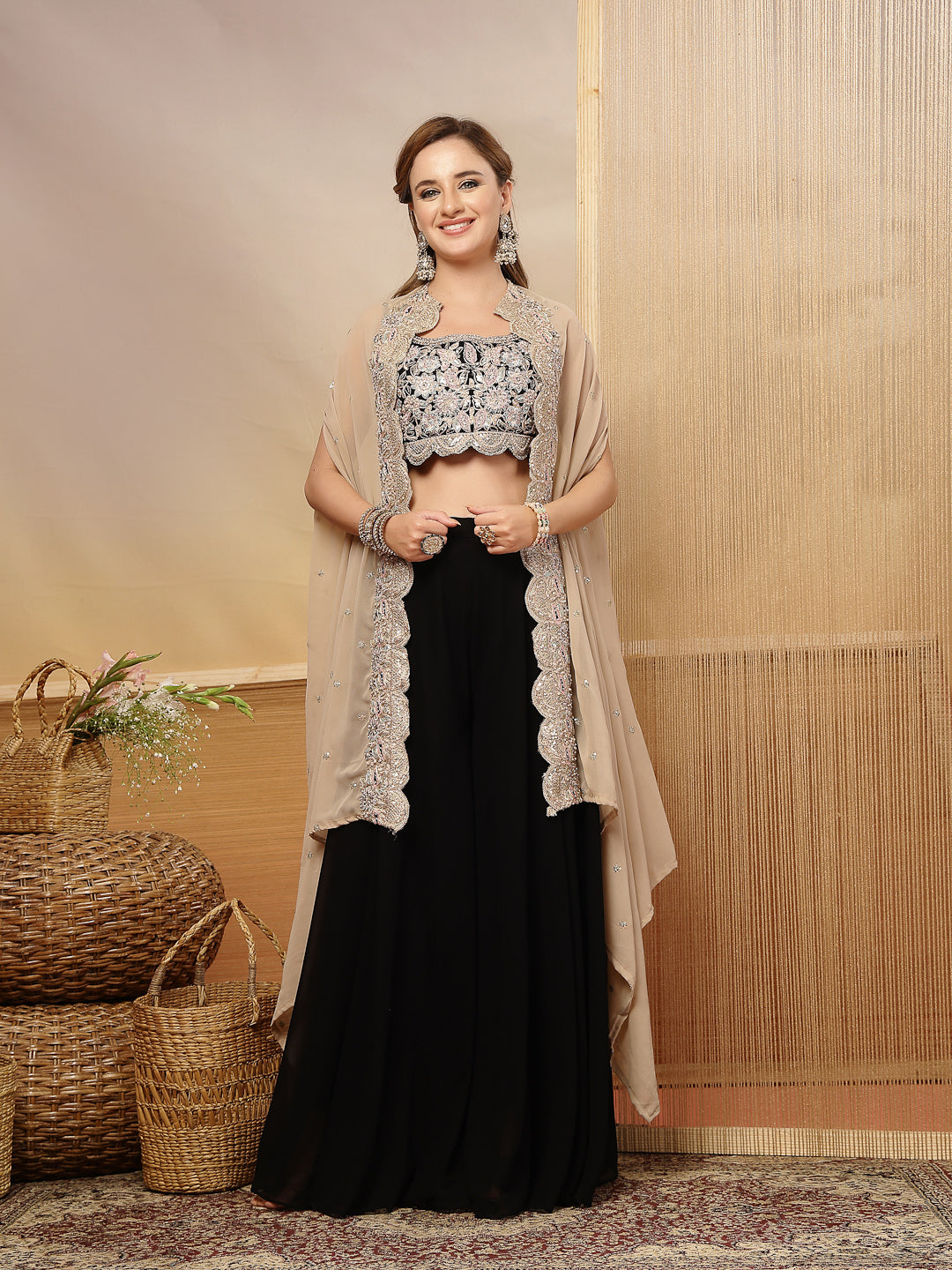 Solid &amp; Embroidered Crape Silk Co-Ord Set