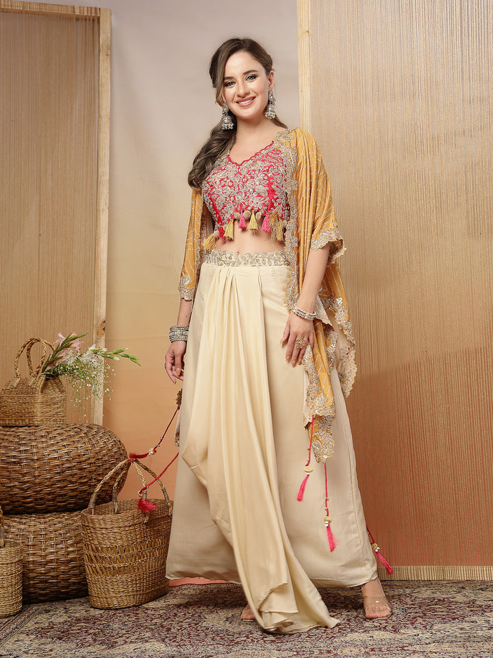 Bandhani Printed &amp; Embroidered Creap Silk Co-Ord Set