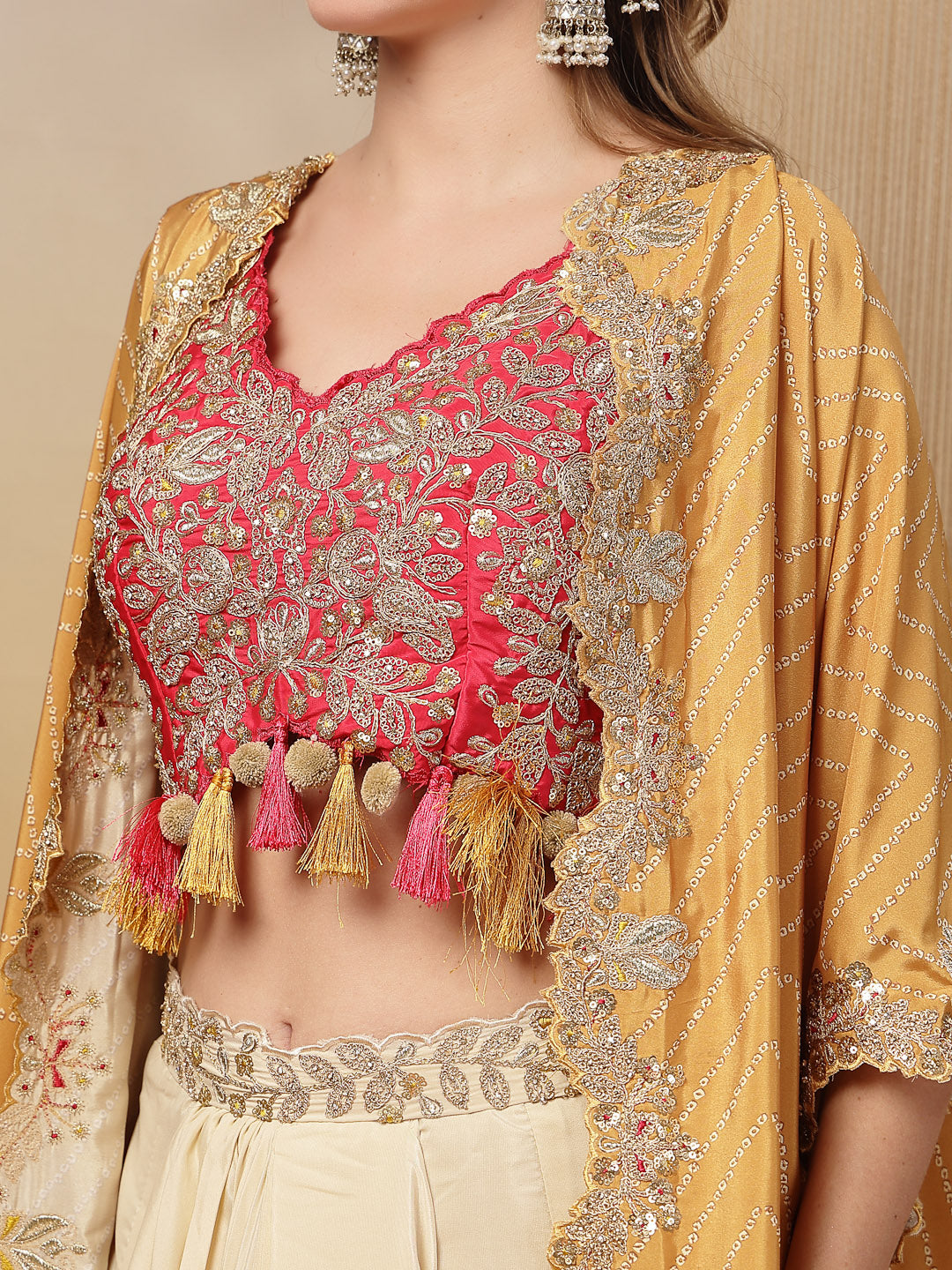 Bandhani Printed & Embroidered Creap Silk Co-Ord Set