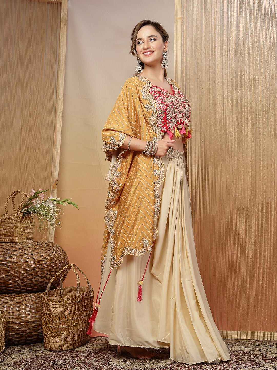 Bandhani Printed &amp; Embroidered Creap Silk Co-Ord Set
