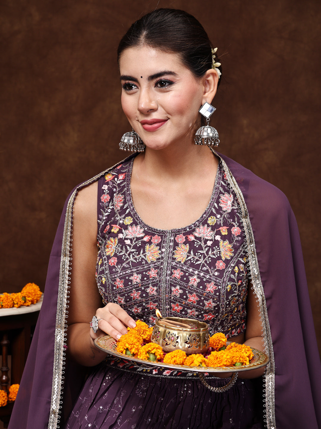 Purple Embroidered Georgette Lehenga &amp; Blouse With Dupatta