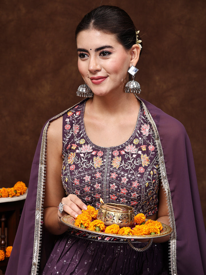 Purple Embroidered Georgette Lehenga &amp; Blouse With Dupatta