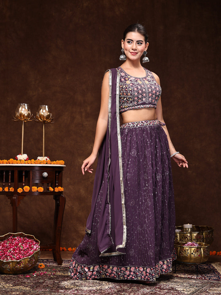 Purple Embroidered Georgette Lehenga &amp; Blouse With Dupatta