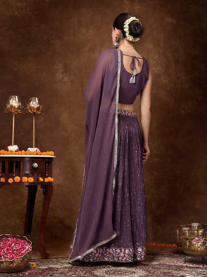 Purple Embroidered Georgette Lehenga &amp; Blouse With Dupatta