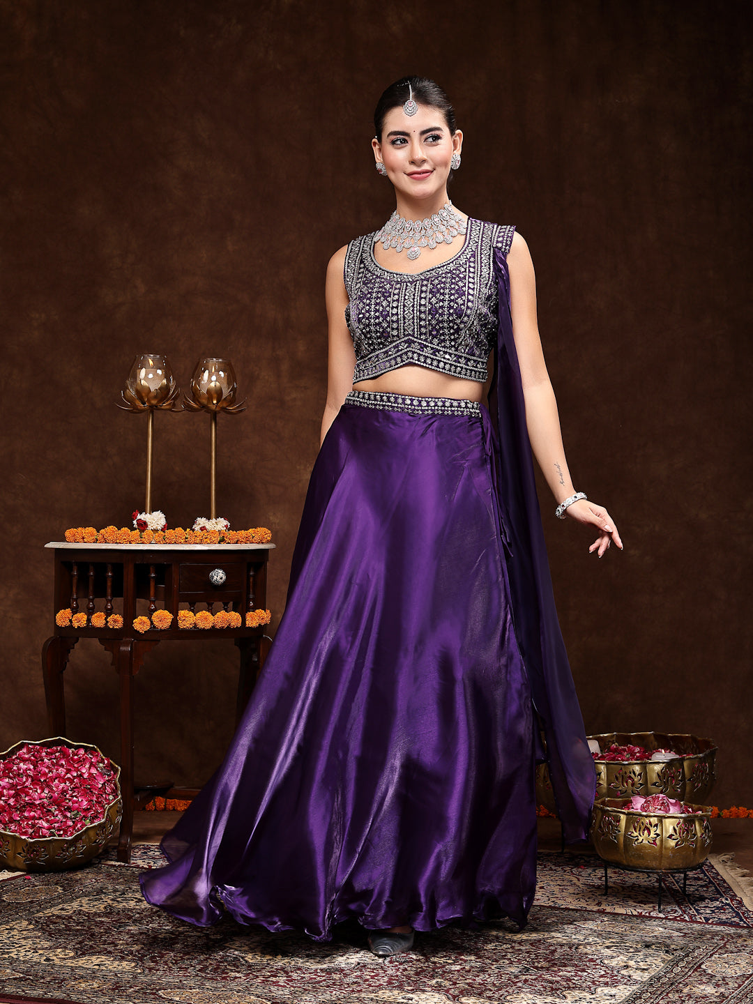 Wine Jimmy Choo Lehenga & Blouse With Dupatta