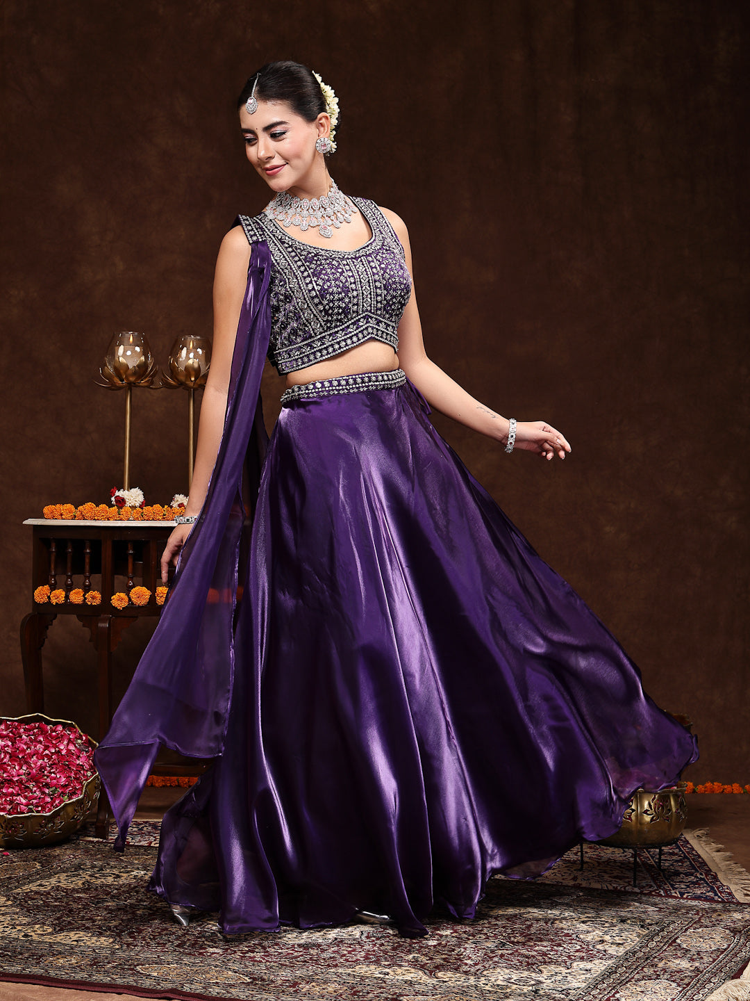 Wine Jimmy Choo Lehenga &amp; Blouse With Dupatta