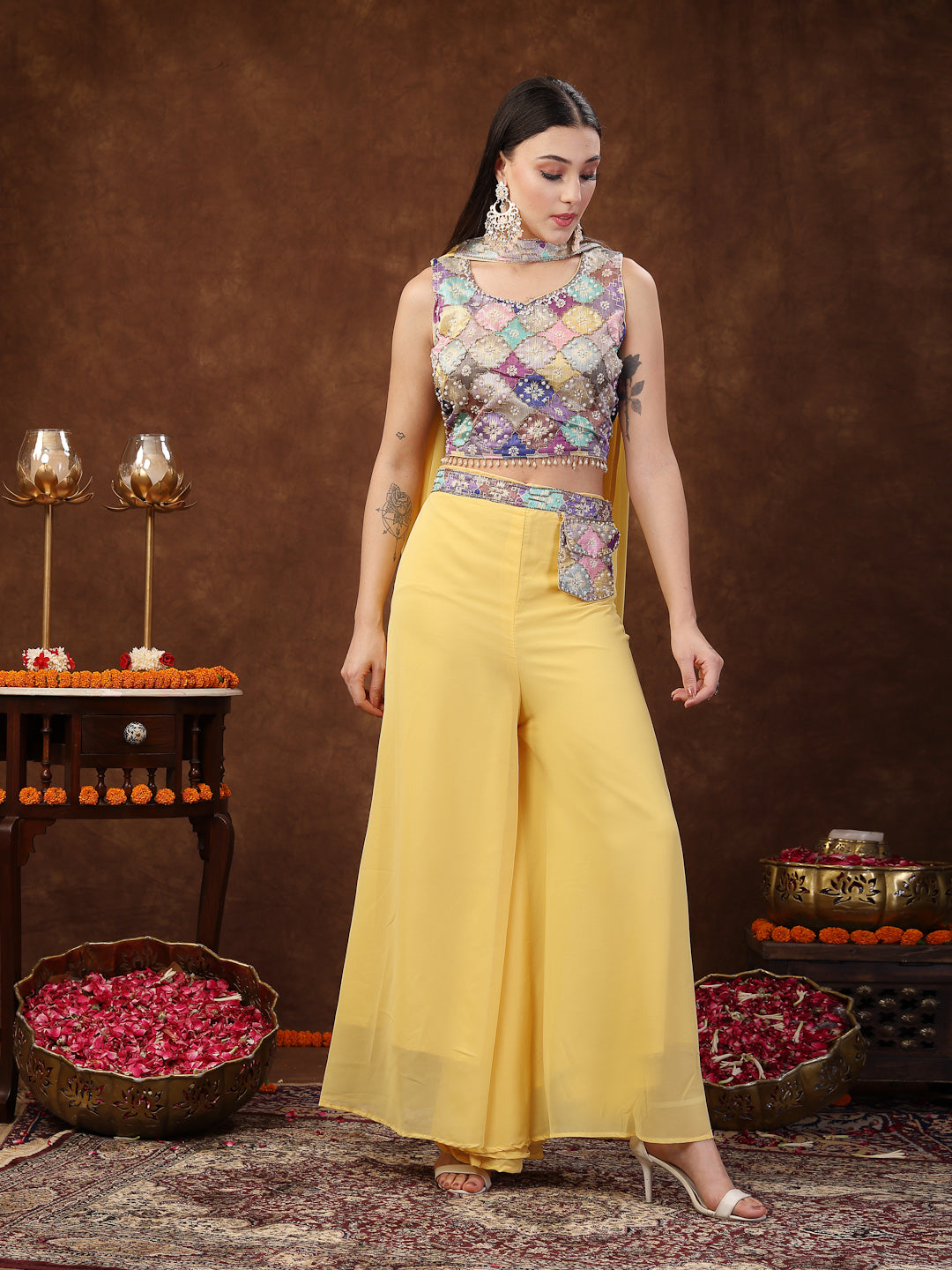 Yellow Embellished Party Wear Georgette Palazzo &amp; Blouse With Dupatta