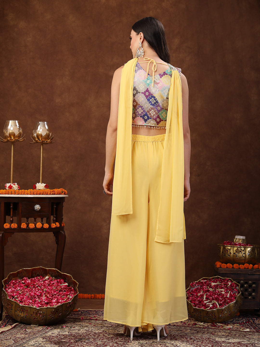 Yellow Embellished Party Wear Georgette Palazzo &amp; Blouse With Dupatta