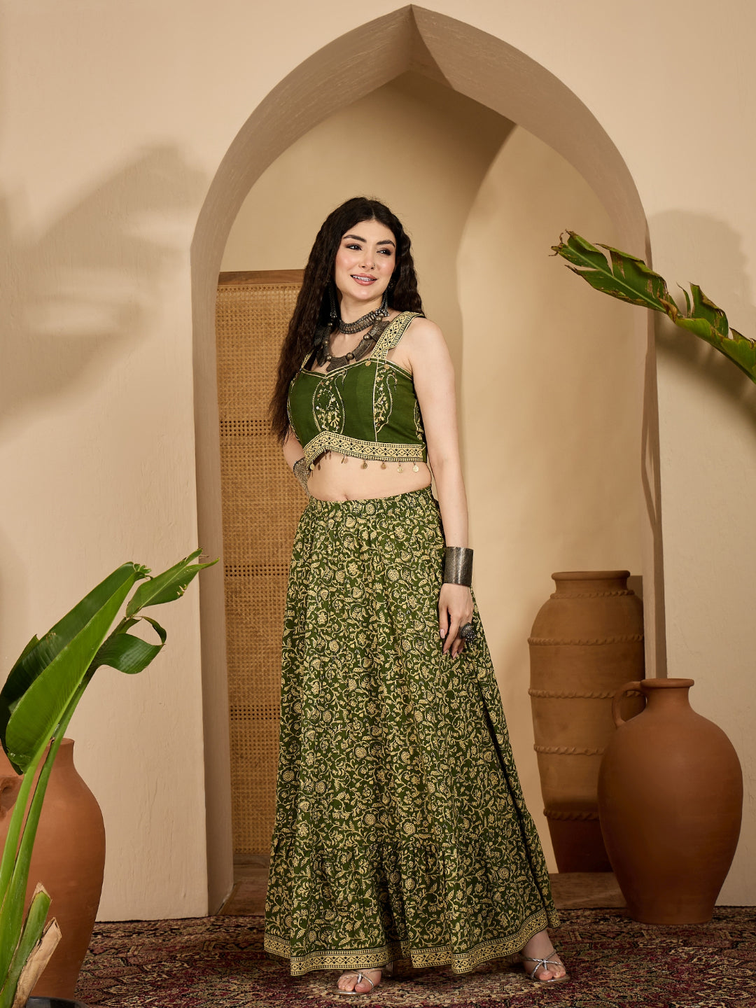 Ethnic Printed Cotton Crop Top With Skirt