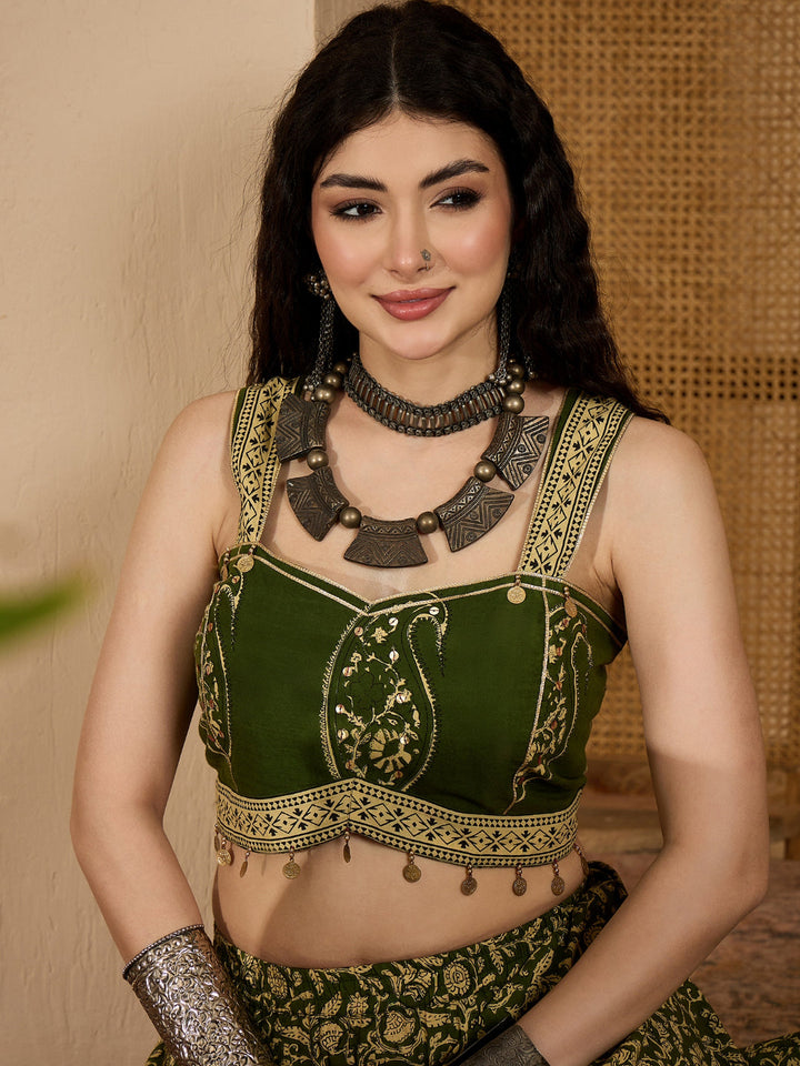 Ethnic Printed Cotton Crop Top With Skirt