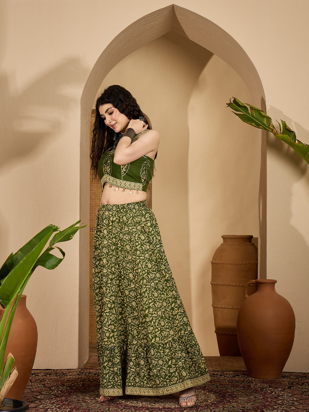 Ethnic Printed Cotton Crop Top With Skirt