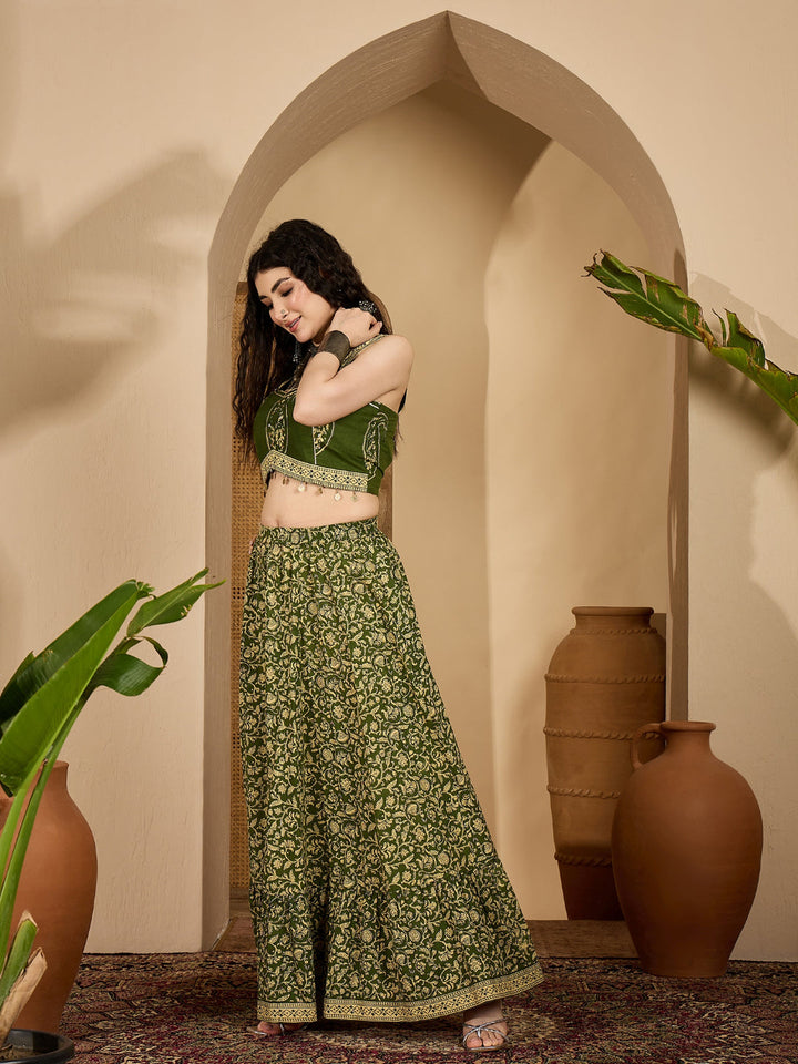 Ethnic Printed Cotton Crop Top With Skirt