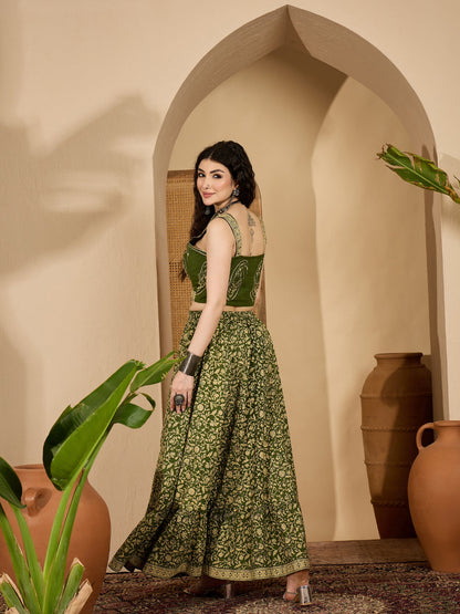Ethnic Printed Cotton Crop Top With Skirt