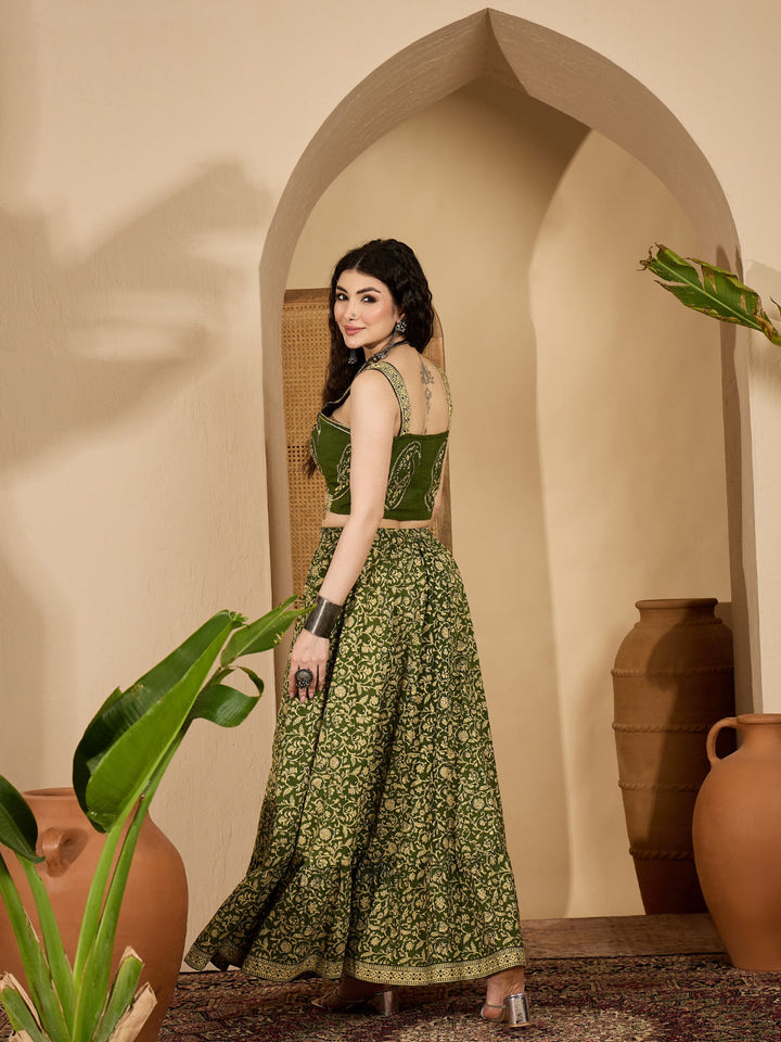 Ethnic Printed Cotton Crop Top With Skirt