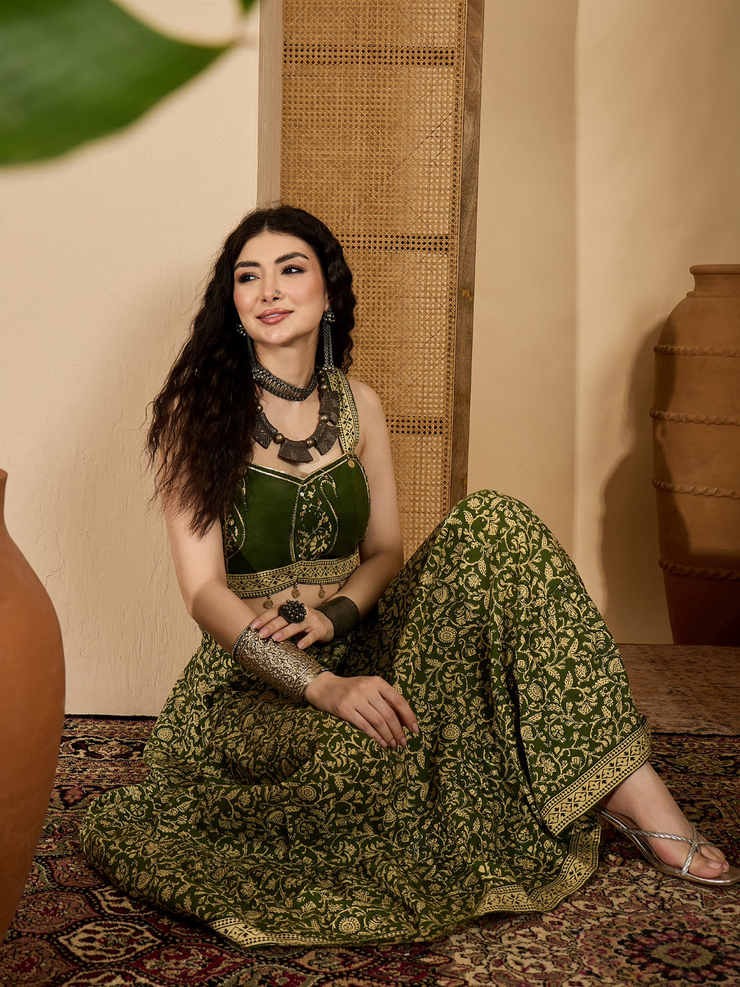 Ethnic Printed Cotton Crop Top With Skirt