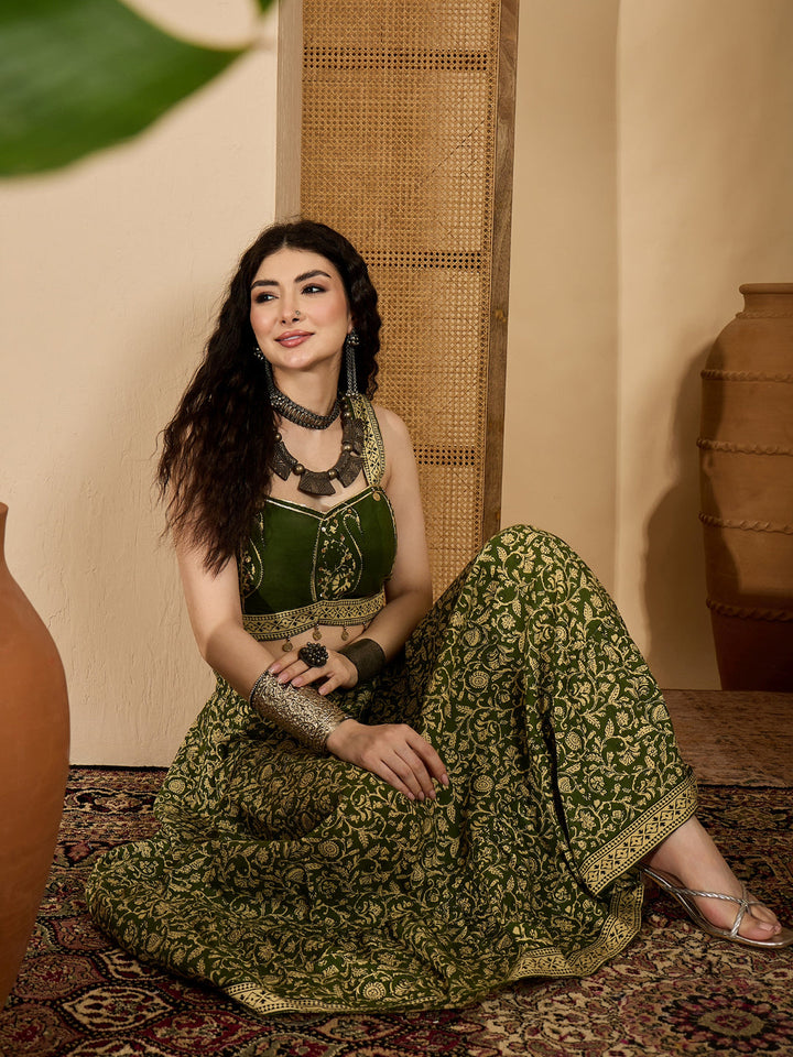 Ethnic Printed Cotton Crop Top With Skirt