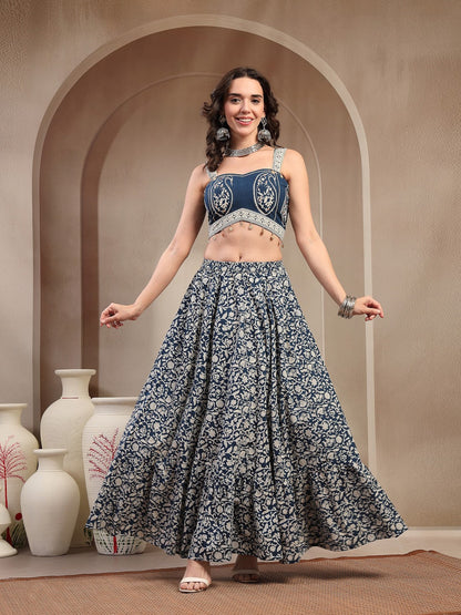 Indigo Ethnic Printed Cotton Peplum Top With Skirt