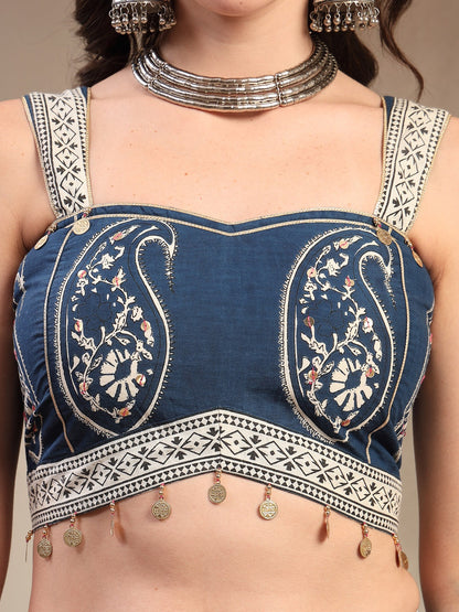 Indigo Ethnic Printed Cotton Peplum Top With Skirt (Pre-Order)