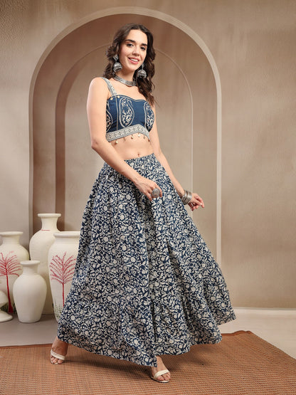 Indigo Ethnic Printed Cotton Peplum Top With Skirt