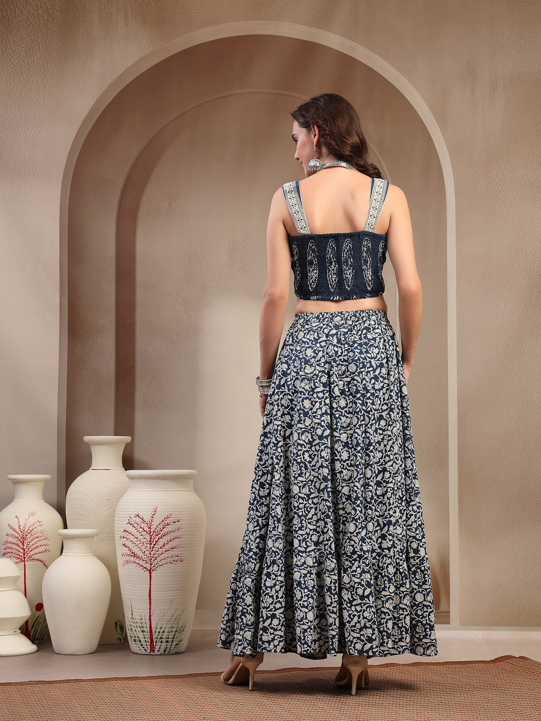 Indigo Ethnic Printed Cotton Peplum Top With Skirt