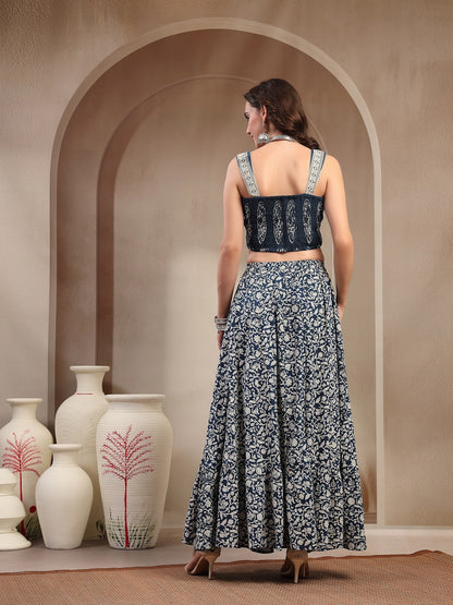 Indigo Ethnic Printed Cotton Peplum Top With Skirt