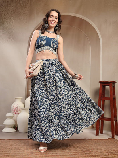 Indigo Ethnic Printed Cotton Peplum Top With Skirt