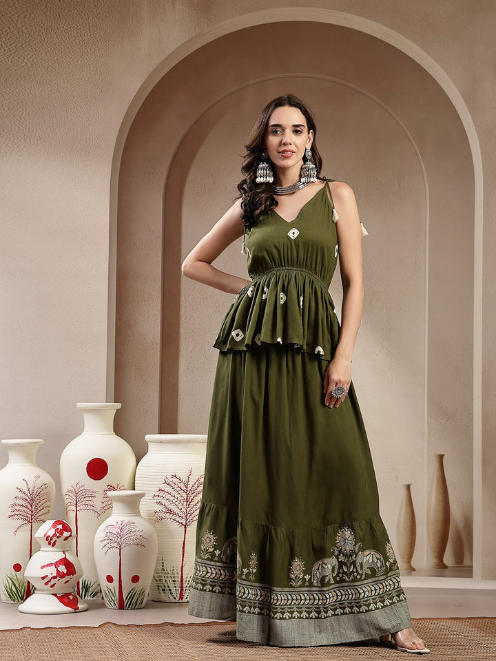 Green Bandhej Printed Rayon Short Peplum Top With Skirt