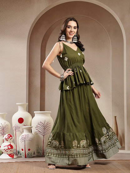 Green Bandhej Printed Rayon Short Peplum Top With Skirt (Pre-Order)
