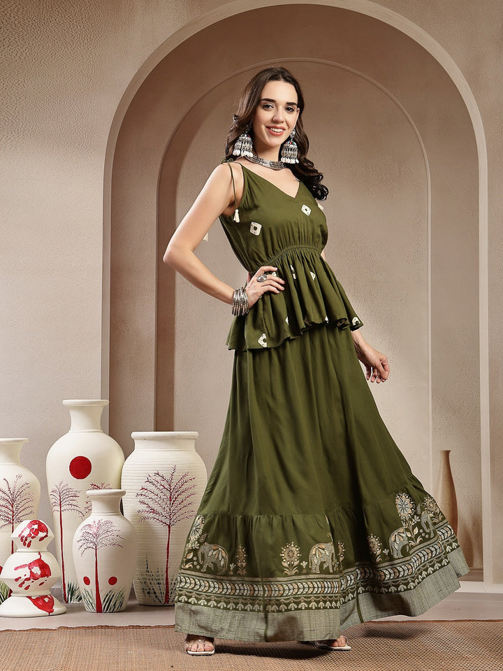 Green Bandhej Printed Rayon Short Peplum Top With Skirt