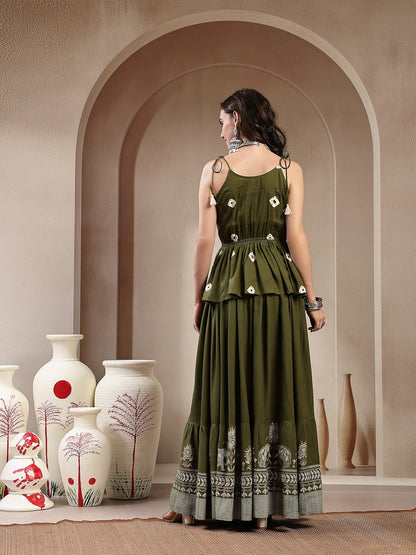 Green Bandhej Printed Rayon Short Peplum Top With Skirt