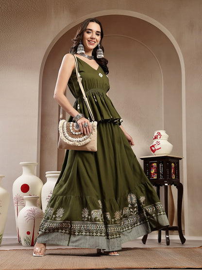 Green Bandhej Printed Rayon Short Peplum Top With Skirt