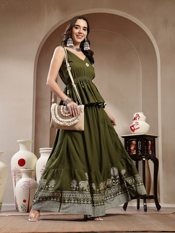 Green Bandhej Printed Rayon Short Peplum Top With Skirt