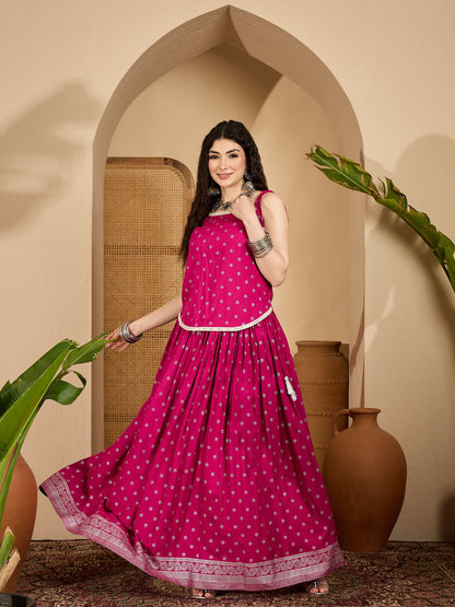 Pink Ethnic Printed Rayon Vest Top With Skirt