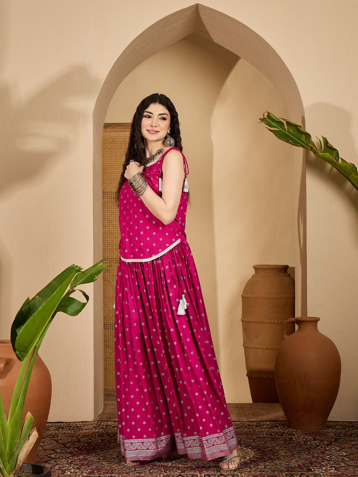 Pink Ethnic Printed Rayon Vest Top With Skirt