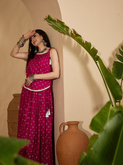 Pink Ethnic Printed Rayon Vest Top With Skirt