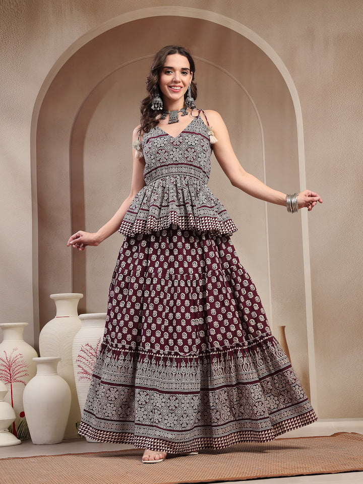 Ethnic Printed Rayon Short Peplum Top With Skirt