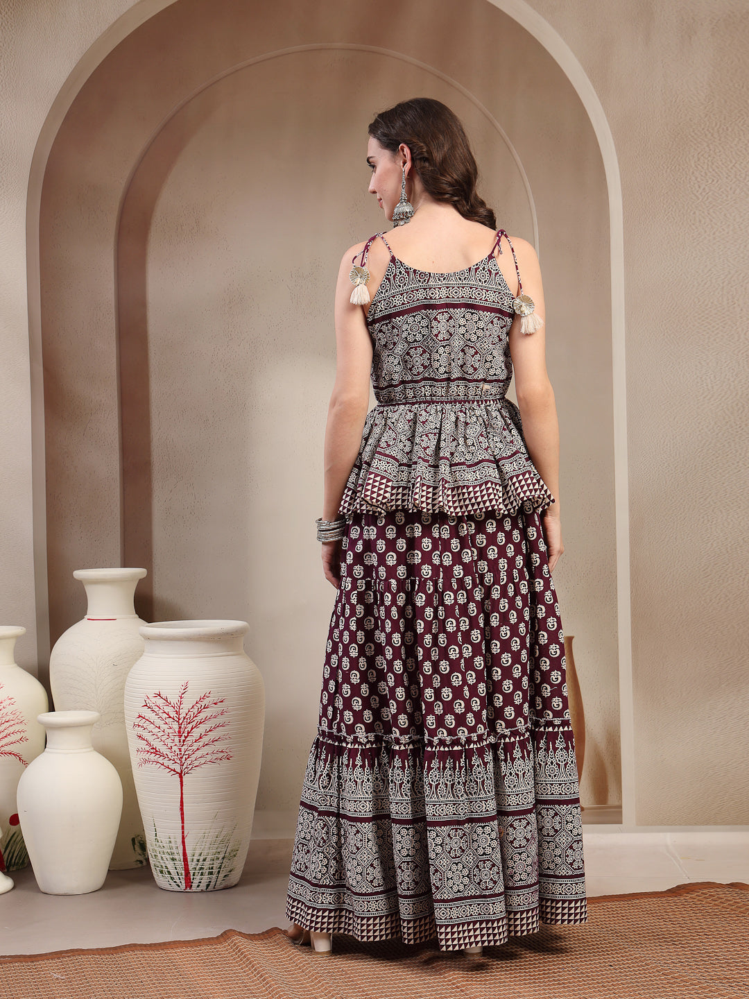Ethnic Printed Rayon Short Peplum Top With Skirt