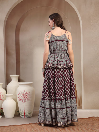 Ethnic Printed Rayon Short Peplum Top With Skirt