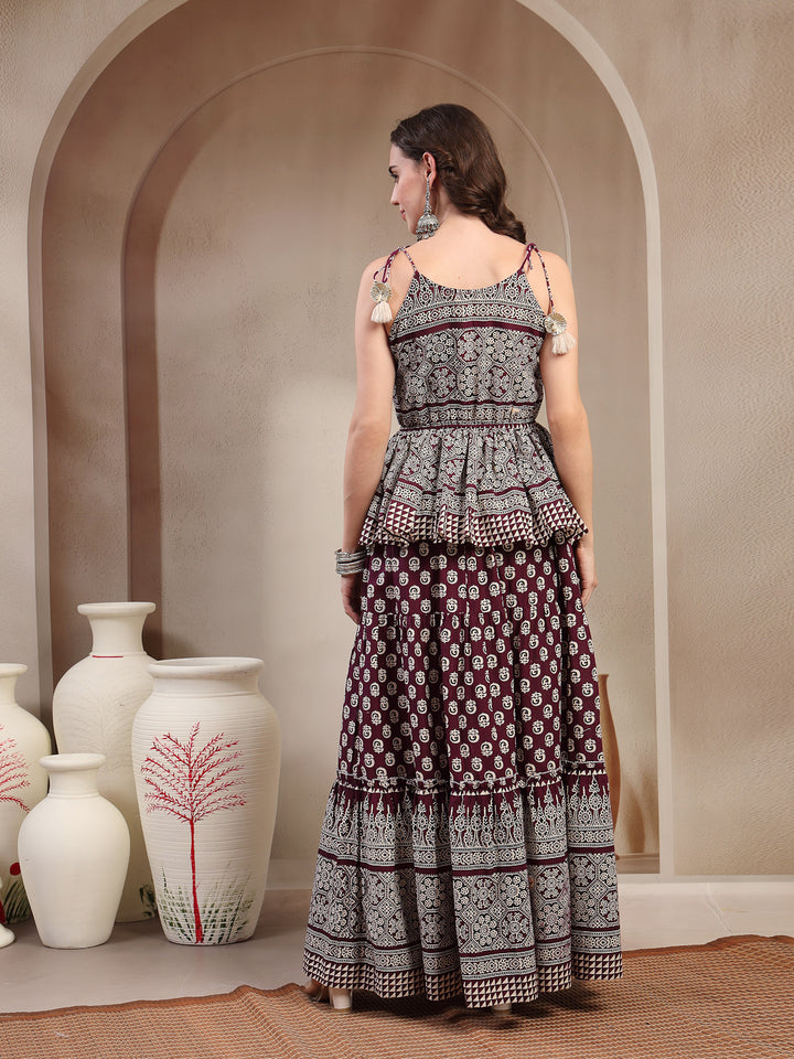 Ethnic Printed Rayon Short Peplum Top With Skirt