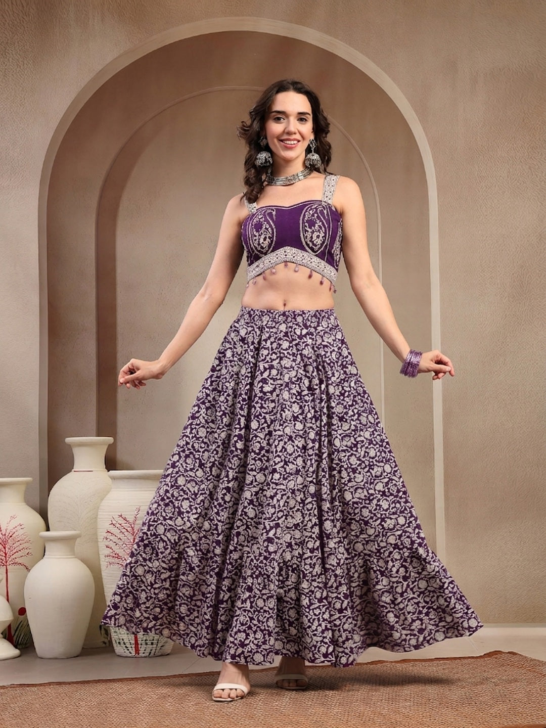 Ethnic Printed Cotton Ethnic Top With Skirt