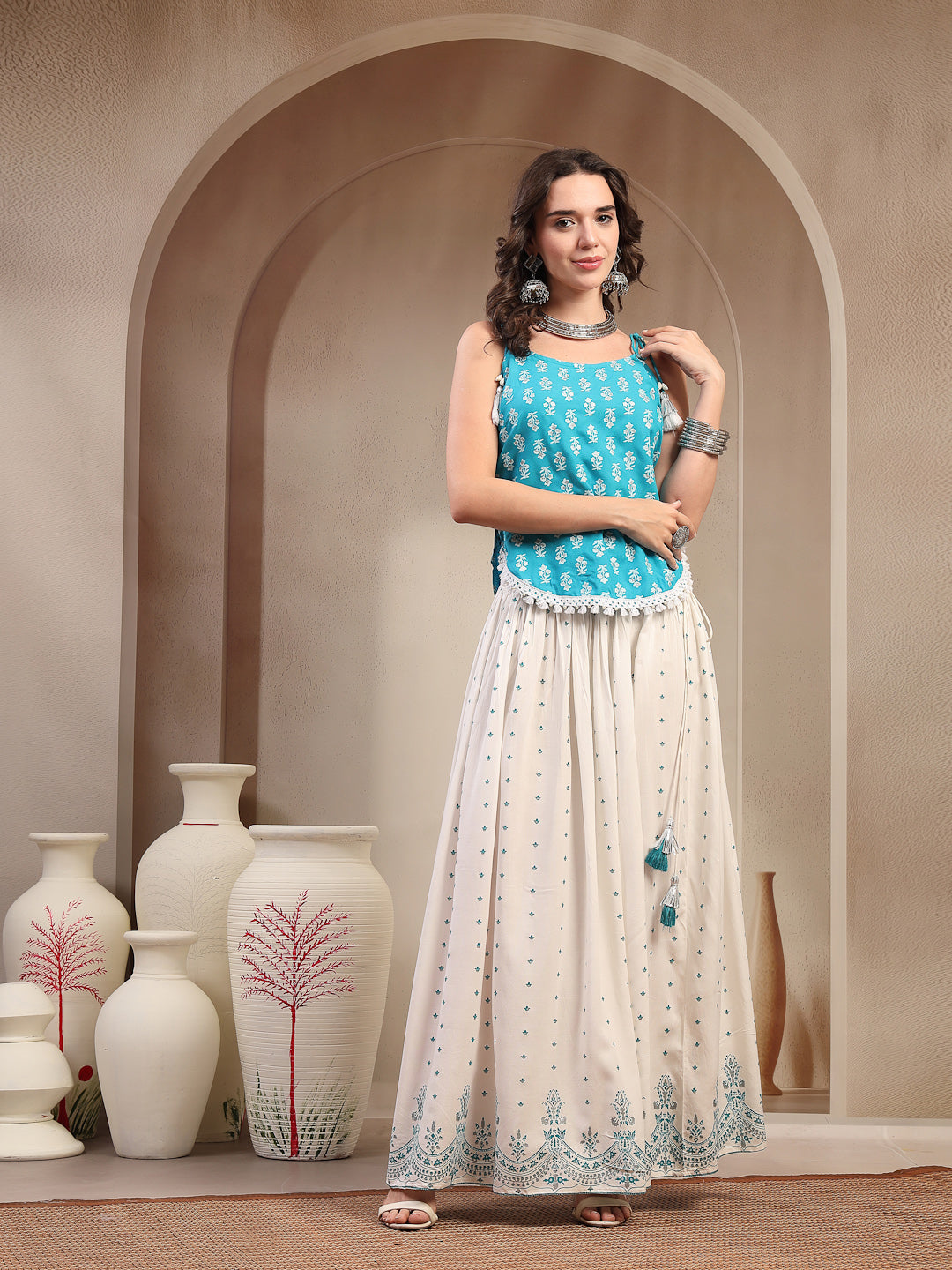 Ethnic Printed Rayon Short Peplum Top With Skirt
