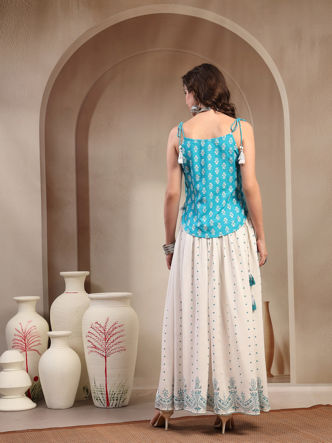 Ethnic Printed Rayon Short Peplum Top With Skirt